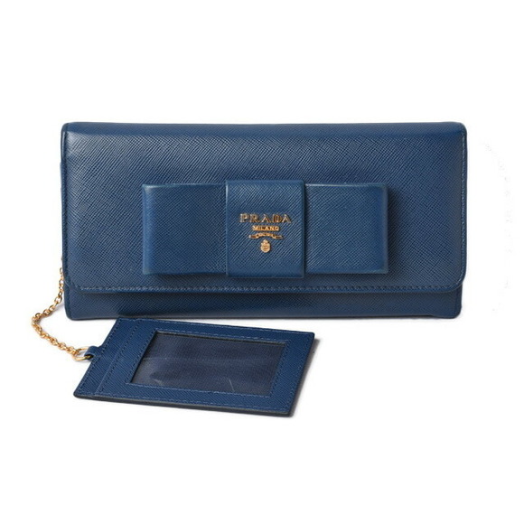 Prada Case Long Leather Wallet Fiocco Saffiano Bluette Pass - Picture 1 of 11